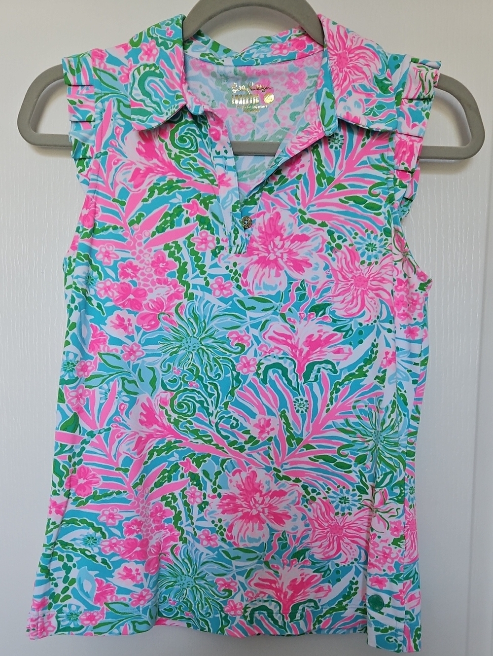 Lilly Pulitzer Pink, Blue & Green Floral Ruffle-Sleeve Polo Tank, XS